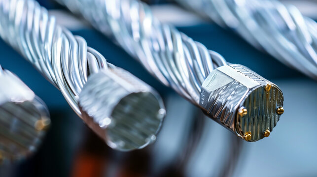 Industrial Elevator Cable Mechanism with Silver Surface and Braided Wires on Blue Frame, Pulled by Heavy Equipment with Large Wheels, Adjacent to Stainless Steel Drum