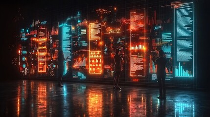 Futuristic Virtual Whiteboard with Glowing Analytics and Business Strategies for Collaborative Teams