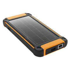 Portable solar power bank in black and orange on white background. PNG transparent.