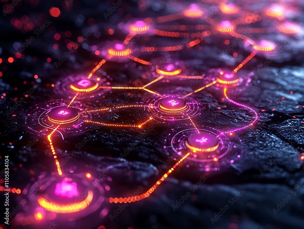 Poster digital flowchart visualizing the business analysis process with glowing connections