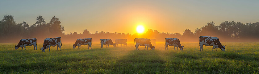 Cows grazing in misty field at sunrise.