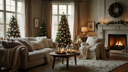 Cozy Christmas room with sparkling holiday decorations.