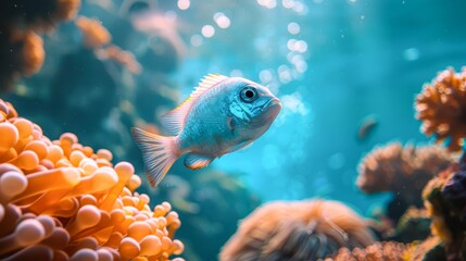 A vibrant underwater scene showcasing a colorful fish swimming near coral formations, This image is perfect for nature documentaries, educational materials, or ocean conservation campaigns,