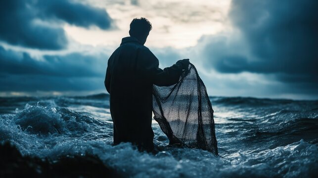 A solitary fisherman stands in the rough ocean, skillfully casting a net as waves crash around him. Dark clouds loom overhead, creating a dramatic twilight atmosphere that highlights the struggle agai