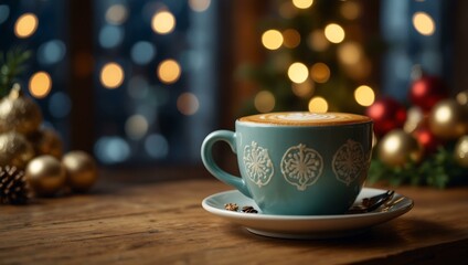 Cozy coffee cup with latte art on a festive table, adorned with lights and decorations.