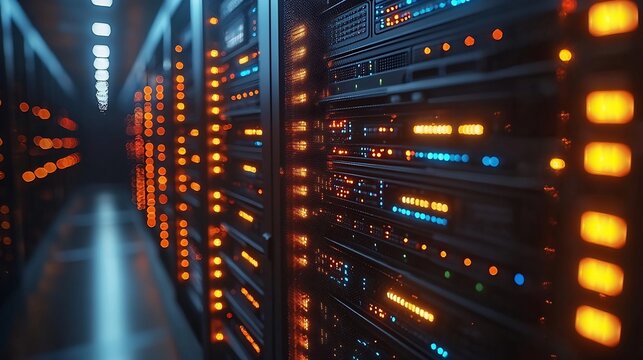 Futuristic Data Center with Glowing Servers for Real Time Business Analytics and Monitoring