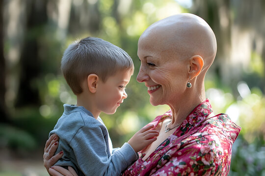 Older caucasian woman cancer survivor with grandson
