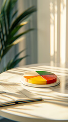 Fototapeta premium A vibrant pie chart made of colored segments rests on a stylish table, illuminated by soft sunlight, creating an inviting and creative workspace atmosphere.