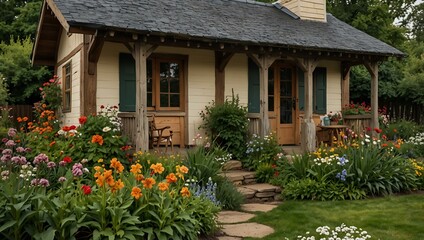 Cozy cottage with a garden in full bloom.