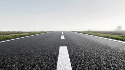 Fototapeta premium A straight highway with a perfectly smooth asphalt surface and fresh lane markings, stretching into the distance. without people, one color background