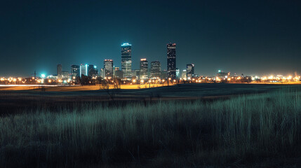 Nocny pejzaż miejski na tle nocnego nieba.
