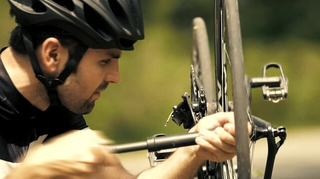 Flat tire on bike . Cycle problem . Cyclist fixing wheel 