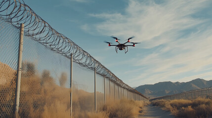 Dron przelatujący nad ogrodzeniem więziennym z drutem kolczastym, uchwycony w momencie monitorowania.