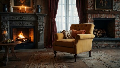 Cozy fireplace with vintage armchair.
