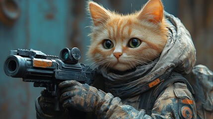 Here's a possible  and keyword list for your stock image.. Cute ginger cat soldier aiming futuristic weapon.