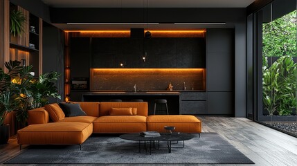 Modern dark home interior background, 3d render
