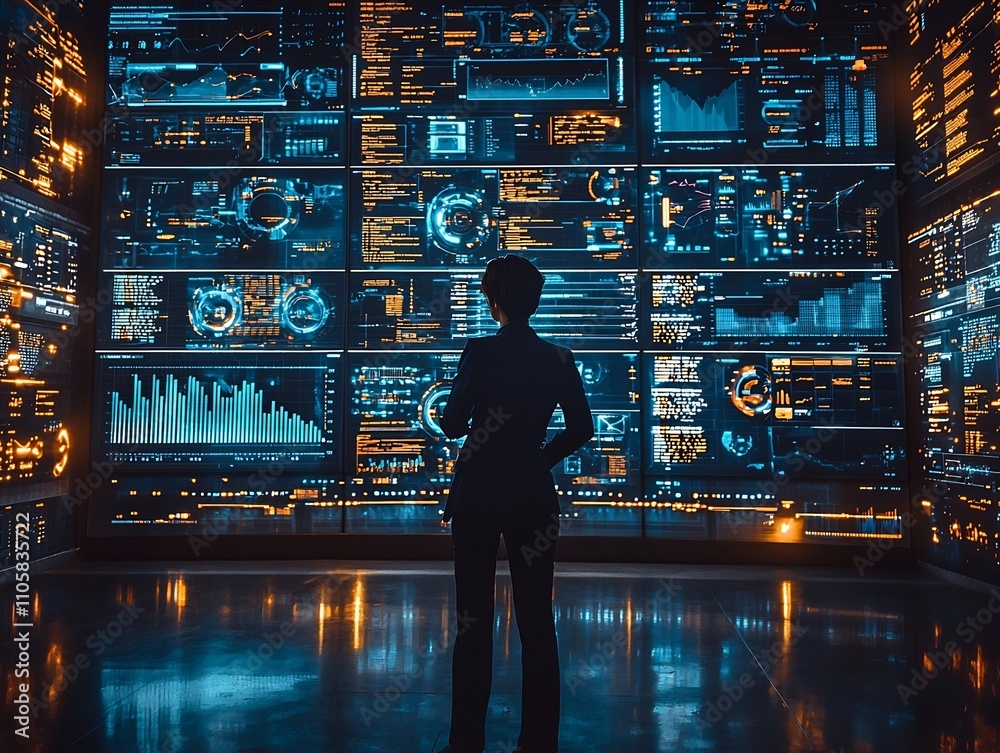 Poster data driven business analysis in a futuristic high tech workspace