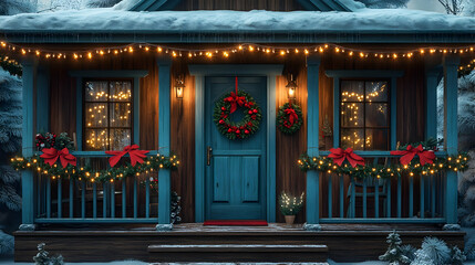 Cozy winter cabin decorated for Christmas with lights, wreath, and bows on porch.