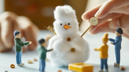 Miniature snowman creation cozy indoor space craft activity winter wonderland close-up viewpoint festive concept