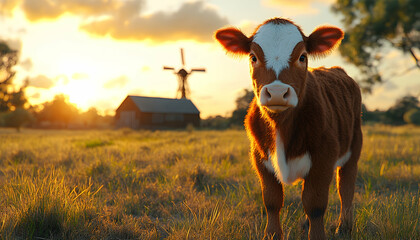 Cute calf in a sunset pasture, near a barn and windmill.