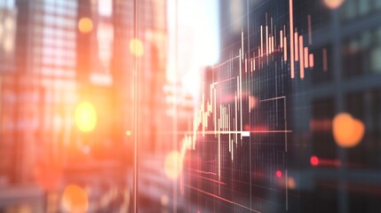 Glowing stock market graph overlays cityscape, symbolizing financial growth and urban prosperity in warm hues. Digital economy concept visualized.