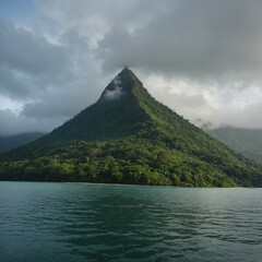 A lone mountain rising from the sea, its slopes covered in dense green jungle and mist swirling around its peak.

