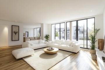 Modern Living Room Interior with White Sofa, Armchairs, Coffee Table, Wooden Parquet Flooring, Minimalist Apartment Design Concept