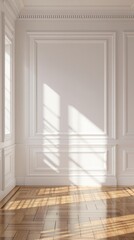 Fototapeta premium Bright and airy space featuring a white wall with vintage style moulding and beautiful hardwood floors, vintage, airy, moulding