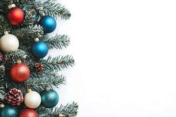 Christmas tree with colorful ornaments, close-up shot, white background banner for text, festive decoration, holiday spirit.