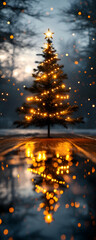 Illuminated Christmas tree reflected in a puddle at night.