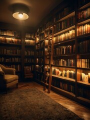 Cozy library interior with books and soft lighting.