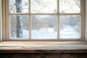 Wooden Windowsill Winter Landscape View