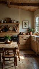 Fototapeta premium Cozy light wood kitchen ambiance.