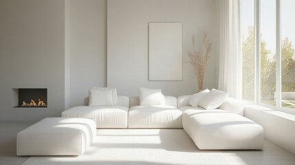 Modern Living Room Interior with White Sofa, Fireplace, and Window, Minimalist Home Design Concept, 3D Rendering