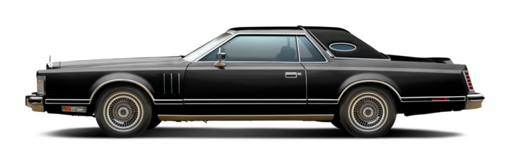 Classic American luxury car in black. With a coupe body and a soft top in black. In png format on a transparent background.