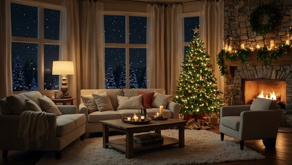 Cozy living room ready for Christmas Eve.