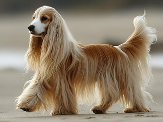 Naklejka premium Long-haired Cocker Spaniel dog walking on sandy beach.