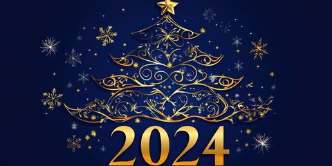  Background Featuring Stylish Vertical Christmas Tree Cutouts Adorned with Golden Decorations and the Year 2024,2025 Perfect for Celebrating Christmas, New Year, and Romantic Occasions, Conveying 