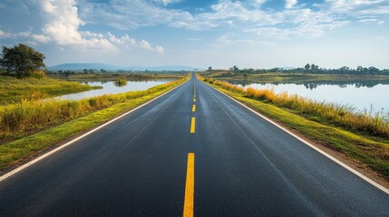 A straight, endless asphalt road with a clean, freshly laid surface