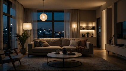 Cozy living room with ambient lighting in a modern apartment at night.