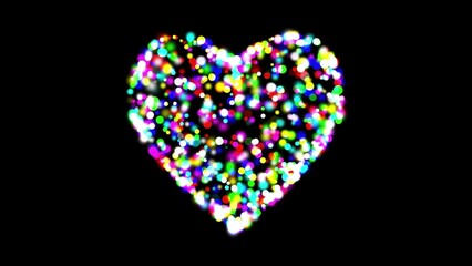 Beautiful illustration of Heart shape with colorful bokeh particles on plain black background