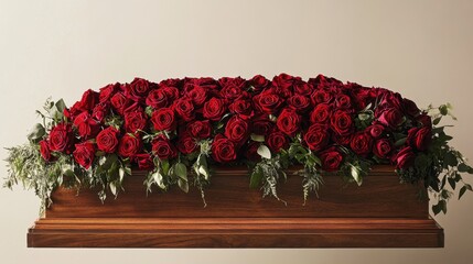 Fototapeta premium A solemn yet elegant display of red roses with cascading velvet fabric, creating a heartfelt tribute atop a wooden casket