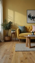 Fototapeta premium Cozy living room with pastel yellow wall and wooden floor.