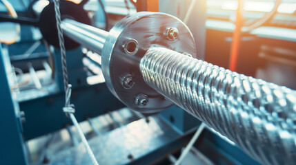 Industrial Elevator Cable Mechanism with Silver Surface and Braided Wires on Blue Frame, Pulled by Heavy Equipment with Large Wheels, Adjacent to Stainless Steel Drum