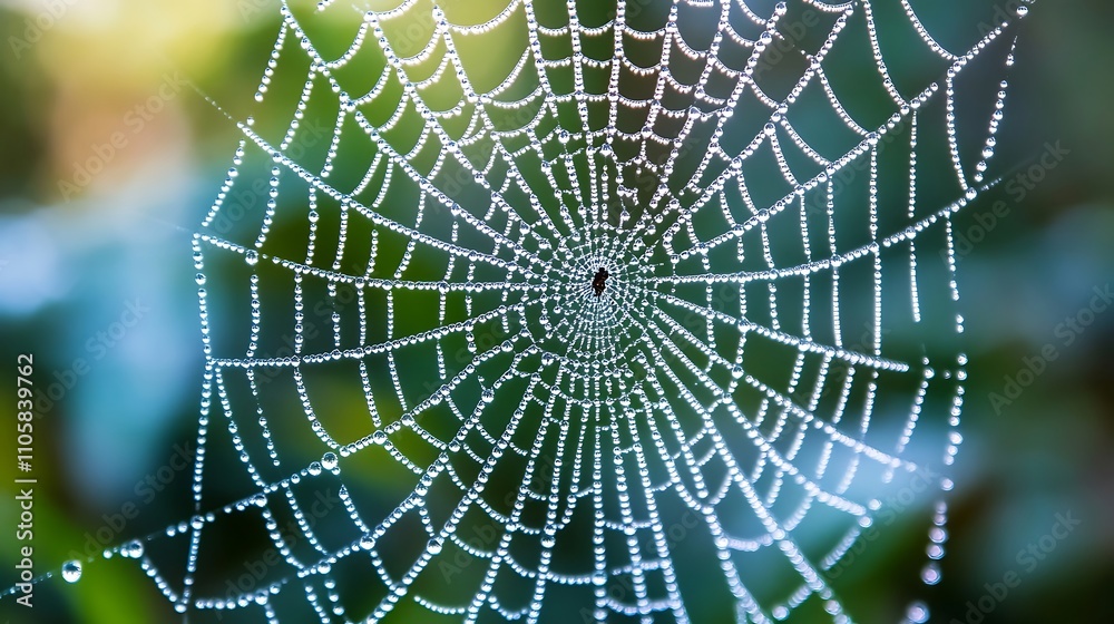 Wall mural a stunning macro shot of morning dew on a delicate spider web, with intricate patterns and a soft bl