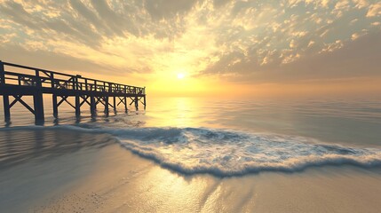 A tranquil beach scene at sunrise with a wooden pier stretching into the water and soft golden hues...