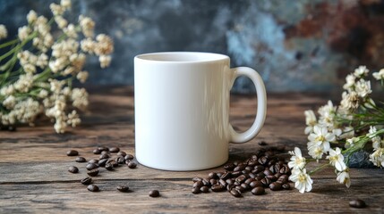 A blank white coffee mug surrounded by coffee beans and flowers on a wooden surface.