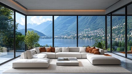 Fototapeta premium Modern living room with white sofa and large windows overlooking the mountains, lake and city. The glass walls have aluminum window frames. The floor is covered with white carpet