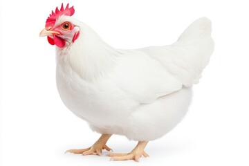 Fototapeta premium A white chicken with red comb and feet