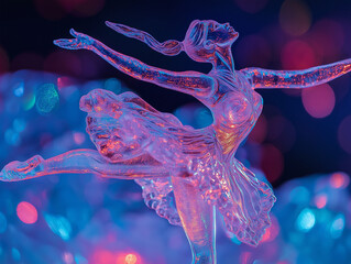 a transparent ice sculpture than human, a Ballerina, inside of the sculpture has color lighting, ice face, Christmas background, high definition, full body long shot